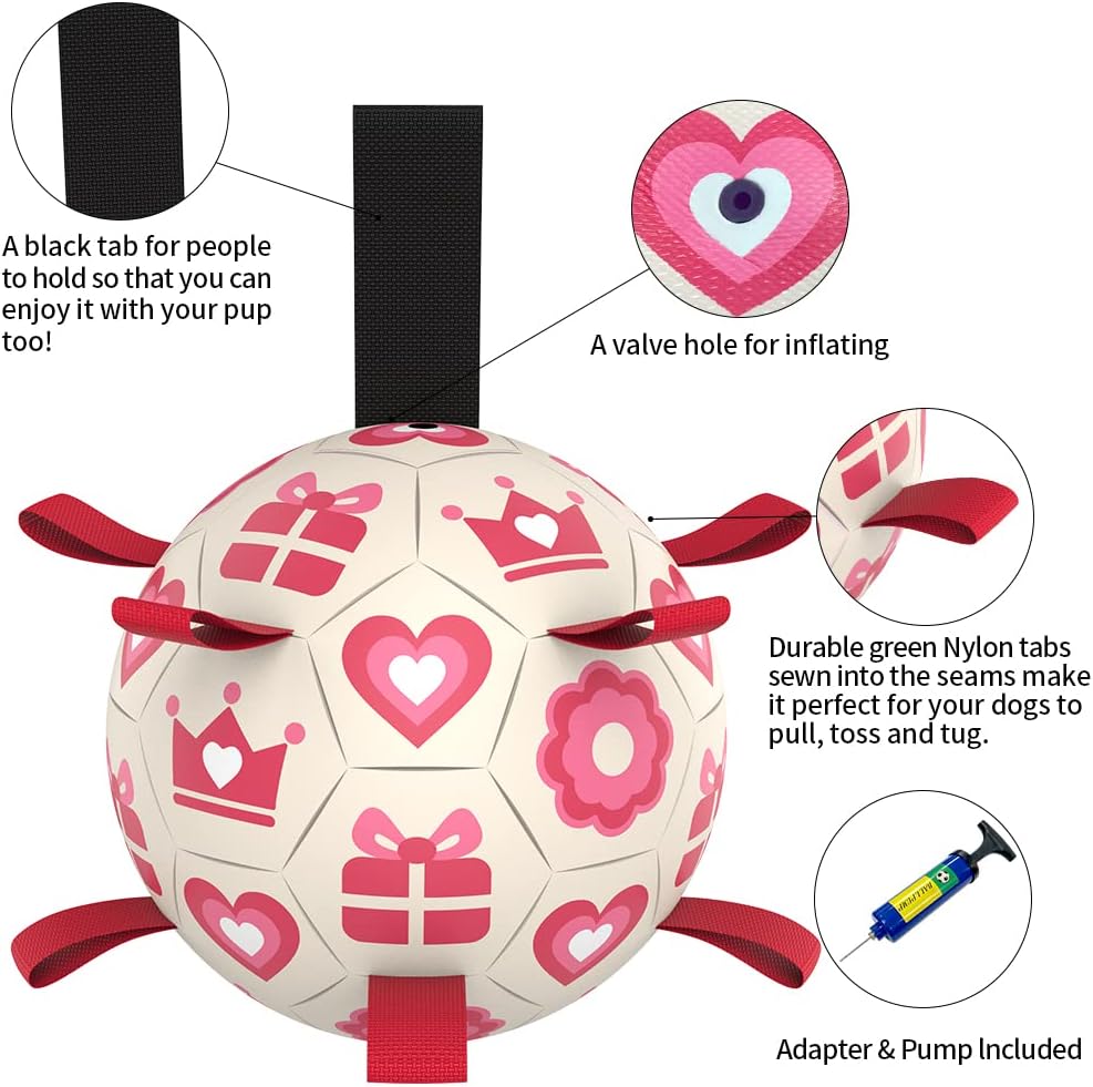 QDAN Pink Dog Toys Soccer Ball with Straps, Interactive Tug of War Toy, Puppy Birthday Gifts, Water Toy, Durable Dog Balls for Medium Large, Valentines Gift (8 Inch)