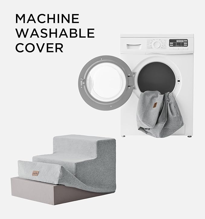 Made4Pets Dog Stairs for Small Dogs, Extra Wide Dog Steps for Bed Couch Sofa and Chair, 35D Foam Pet Steps for Small Dogs and Cats, Non-Slip Bottom Pet Stairs, Light Grey, 3 Steps