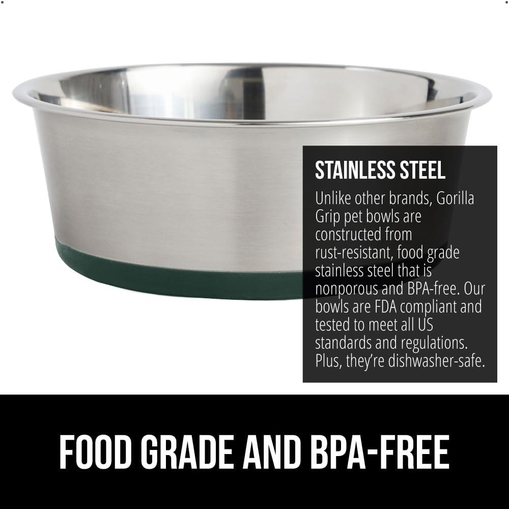GORILLA GRIP Set of 2 Dog Bowls, Holds 4 Cups (32 fl oz), Heavy Duty Metal Food and Water Bowl for Feeding Dogs and Cats, Dishwasher Safe, Rust Resistant Stainless Steel, BPA Free Rubber Base, Green