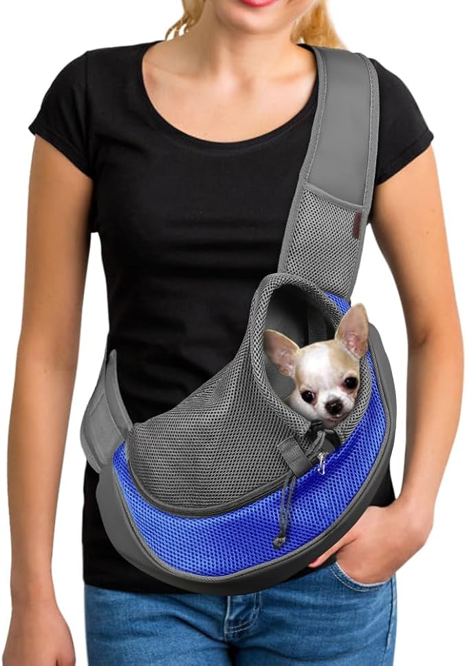 YUDODO Pet Sling Carrier for Small Dogs & Cats – Hands-Free Puppy Carrier with Safety Hook, Large Zipper Pocket, Soft Breathable Mesh, Adjustable Strap & Reflective Strip (Blue 1.0 M)
