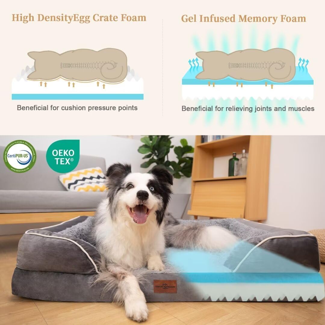 Comfort Expression Orthopedic Waterproof Dog Beds Memory Foam, XL Washable Dog Beds with Removable Cover, Large Pet Sofa Couch with Bolster(X-Large,Silver Grey)
