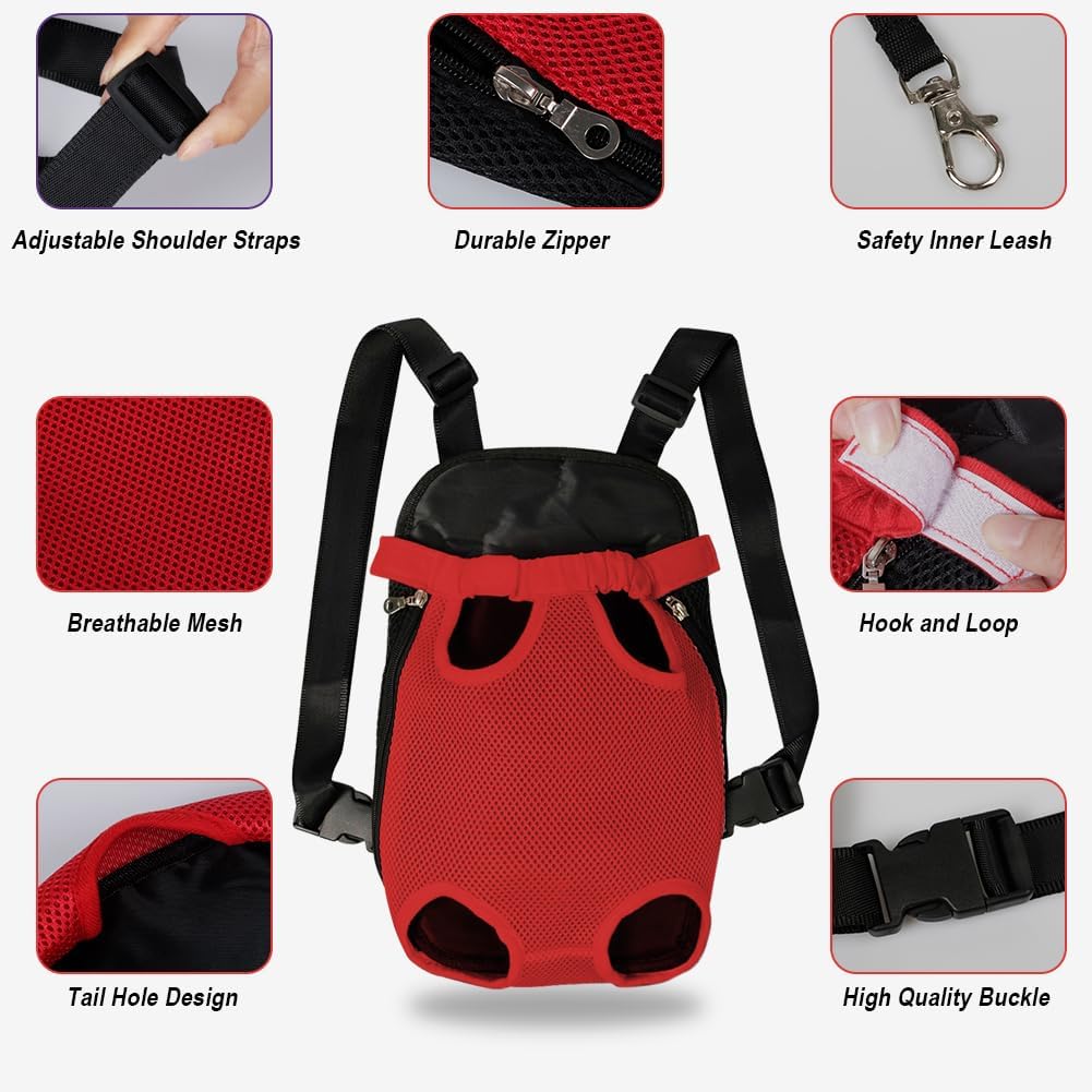 FEimaX Dog Carrier Backpack Pet Legs Out Front Cat Travel Bag, Adjustable Puppy Backpacks Carriers Hands-Free for Small Medium Dogs Cats Hiking Traveling Camping Daily Walking (Large, Red)