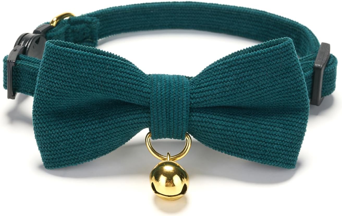 2 Pack Soft Corduroy Cat Collars with Bow Tie & Bell, Adjustable Breakaway Cotton Kitty Bowtie Collar for Boy Male Cats(Black & Green)