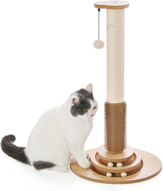 Made4Pets Cat Scratching Post Premium Sisal Cat Scratcher Kitten Toys for Indoor Kittens 28.3" Tall Cat Tower Scratch Post Cat Tree Wooden Interactive Ball Track Cat Toy with Hanging Ball, Beige