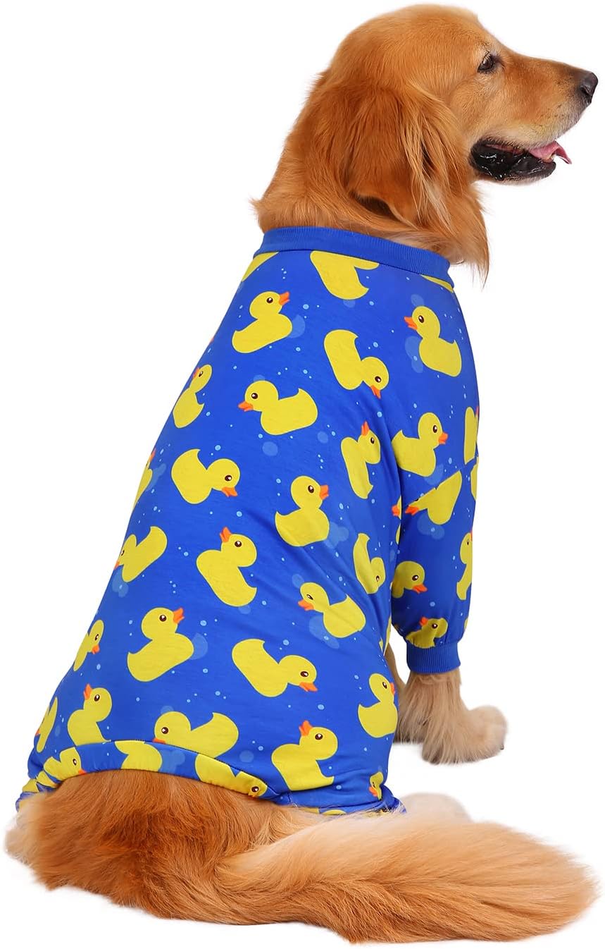 HDE Dog Pajamas One Piece Jammies Jumpsuit Pet Clothes Outfit Stretchy Lightweight Comfy Shirt Pjs for M-3XL Dogs Ducks Blue - L