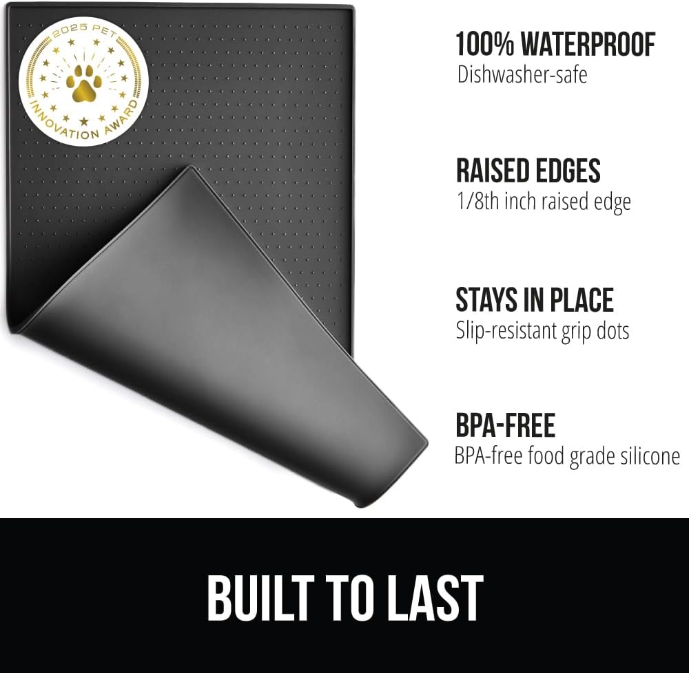 GORILLA GRIP 100% Waterproof Raised Edge BPA Free Silicone Pet Feeding Mat, Dog Cat Food Mats Contain Spills Protects Floors, Placemats for Cats and Dogs Water Bowl, Pets Accessories 32x24 Charcoal