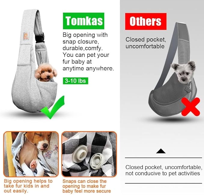 Tomkas Small Dog Sling Carrier - Zipper Pocket & Adjustable Strap - for 3-10 lbs Pets(Grey)