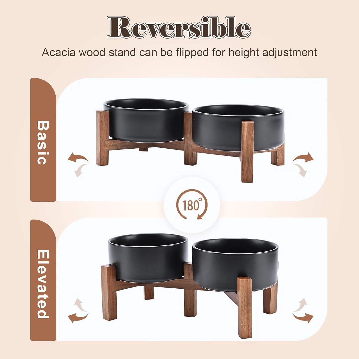 SPUNKYJUNKY Ceramic Dog Bowls with Acacia Wood Stand - Raised Dog Food and Water Bowl Set for Medium Dogs (28.74 OZ, Black)