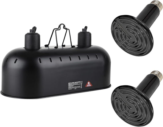 DXOPHIEX 15 inch Dual Reptile Light Fixture, Max 150W Reptile Heat Lamp with 2PCS 150W Ceramic Heat Emitter, Double Dome UVB Light Fixture for Terrarium and Tortoise Habitat