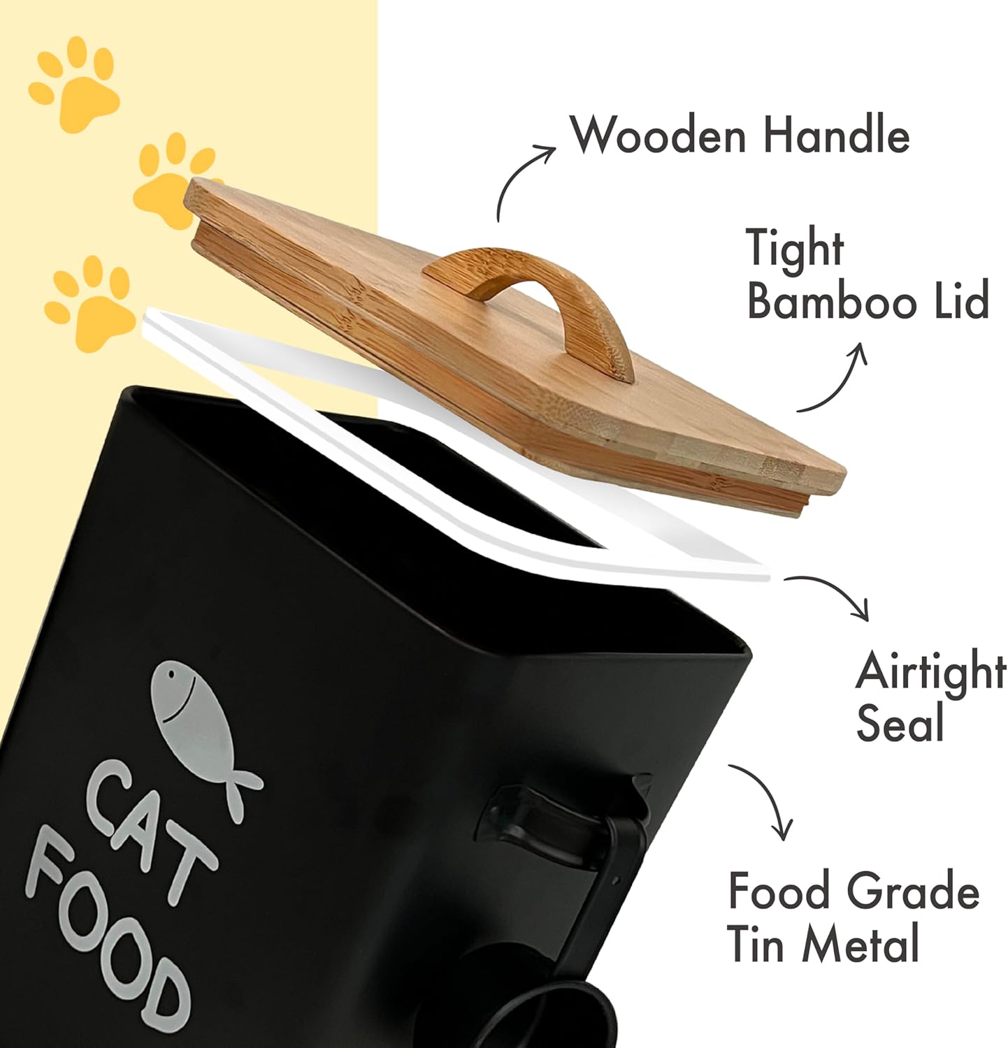 Calindiana Airtight Cat Food Storage Container with Bamboo Lid & Scoop – Farmhouse Cat Food Organizer, Gifts for Cat Lovers (Matte Black)