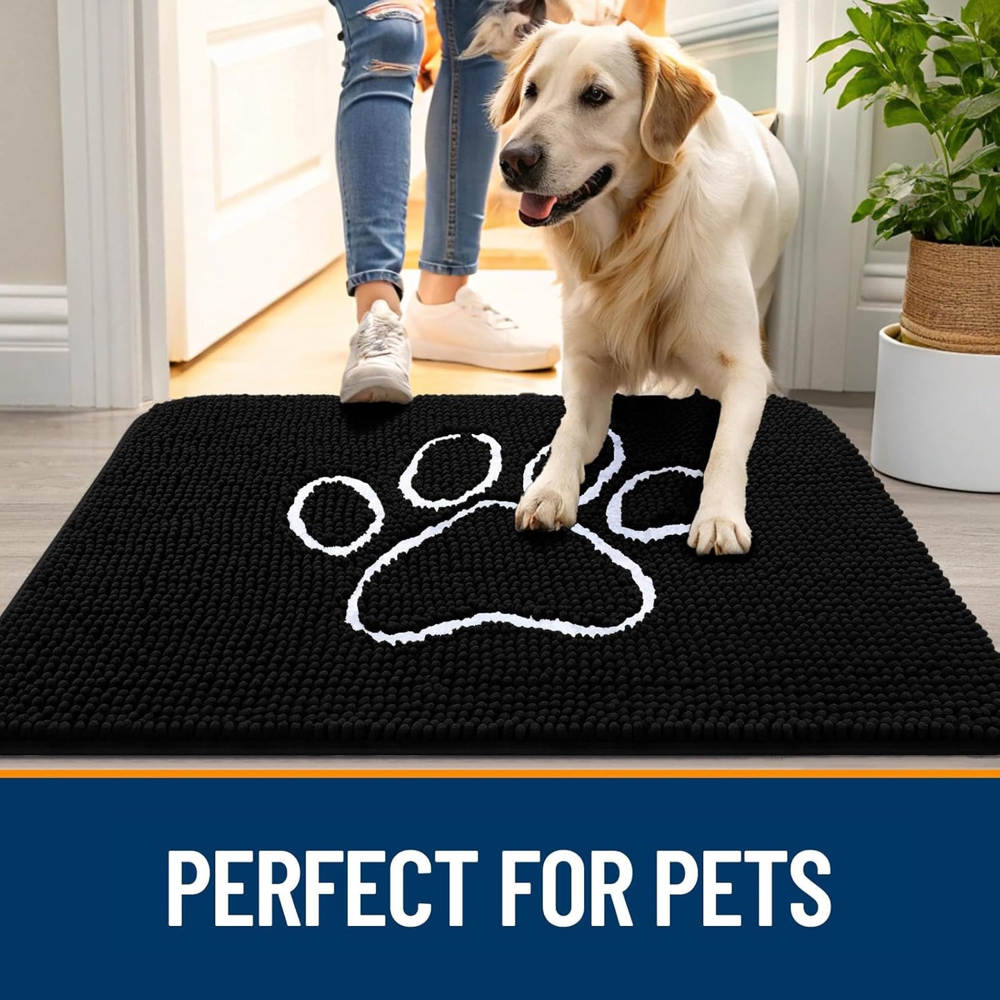 OLANLY Door Mat for Muddy Dog Paws 70x24, Ultra Absorbent Chenille Mud Doormat with Paw Print Design, Non-Slip Washable Doormat for Indoor Entryway, Quick-Dry Pet Bed Mats for Dirty Dogs, Black