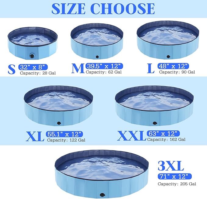 Foldable Dog Bath Swimming Pool Plastic Kiddie Pool Professional Tub Collapsible Grooming Bathtub for Pets Kids Baby and Toddler, 63 x 12 Inches Blue
