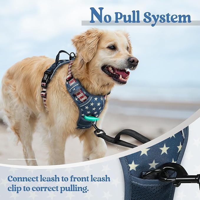 rabbitgoo Dog Harness No Pull with 2 Leash Clips, Adjustable Soft Padded, Reflective Oxford No Choke Pet Vest with Easy Control Handle for Large Dogs, Blue Star, M