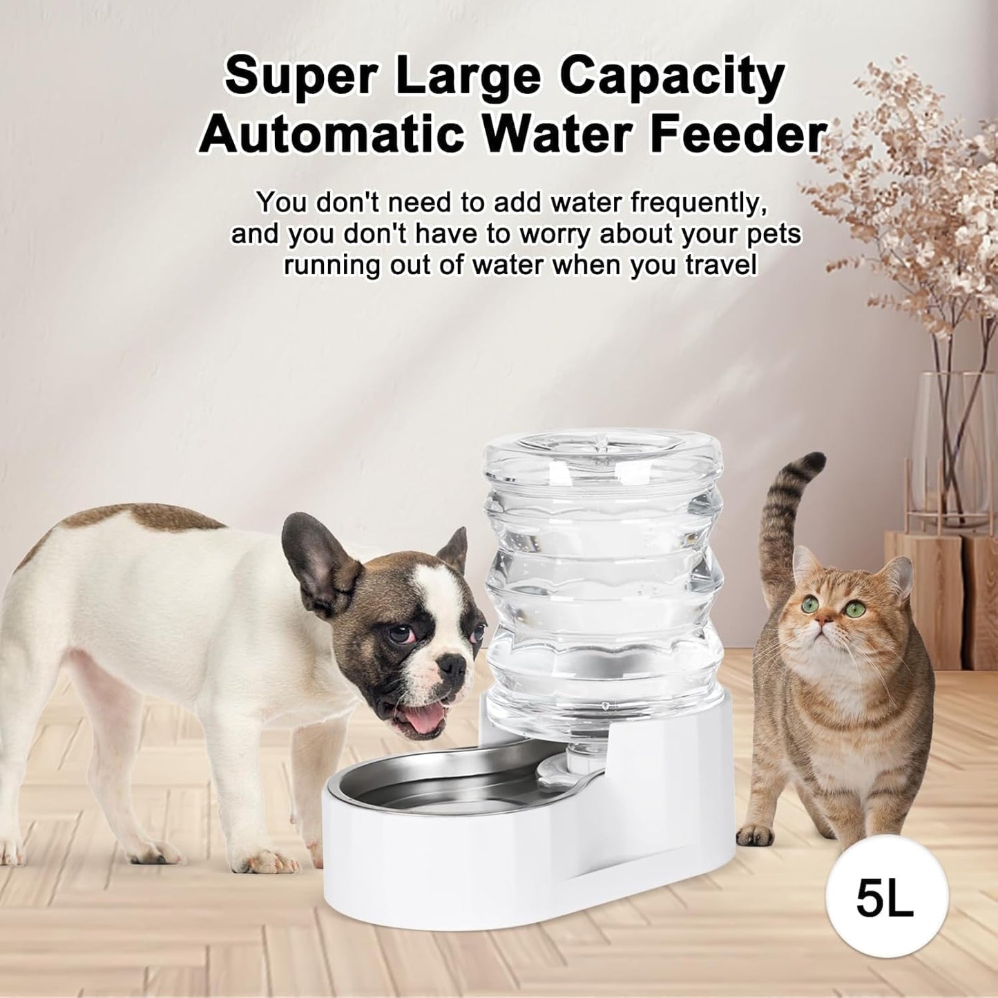 RIZZARI Dog Water Bowl Dispenser: 5L Automatic Stainless Steel Gravity Feeder - Large Capacity Ideal for Indoor and Outdoor Hydration