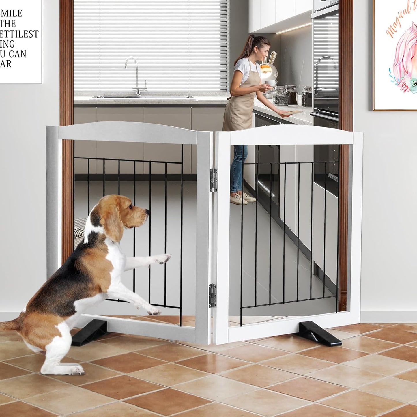 ZJSF Freestanding Dog Fence Indoor, Foldable Dog Gate for Doorways, Stairs or Hallways, Sturdy Wood Extra Wide Pet Gate with Support Feet for The House, White, 24 "Height-2 Panels