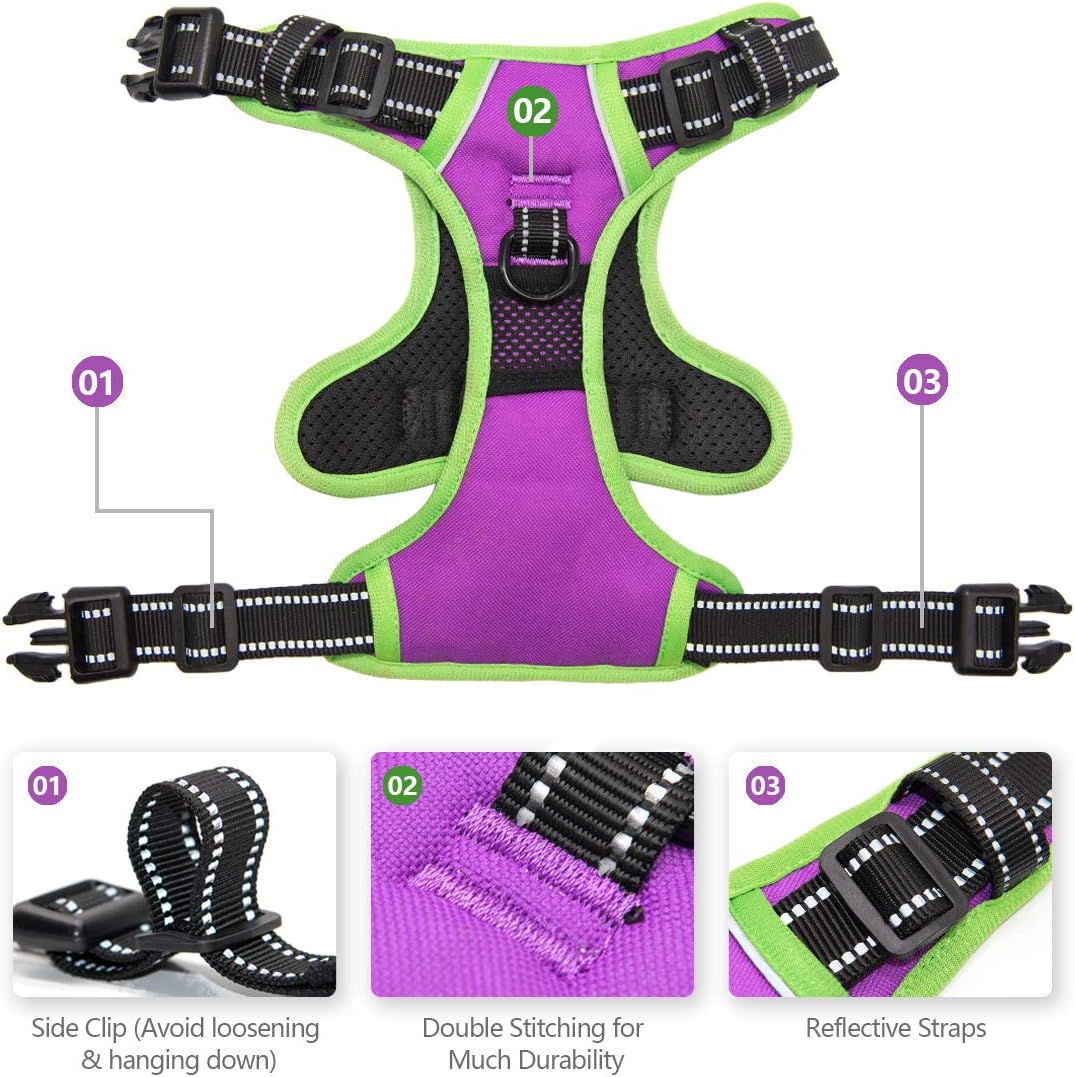 PHOEPET 2019 Upgraded No Pull Dog Harness, Reflective Adjustable Vest, with a Training Handle + 2 Metal Leash Hooks+ 3 Snap Buckles +4 Slide Buckles(L, Purple)