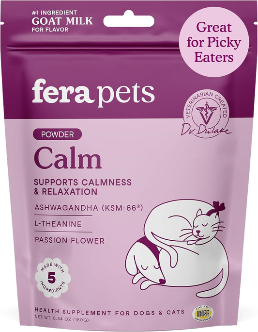 Fera Pets Goat Milk - Calming Supplement for Dogs & Cats - Ashwagandha, L-Theanine, & Passion Flower - Supports Anxiety Relief & Relaxation - for Picky Eaters - 60 TSP