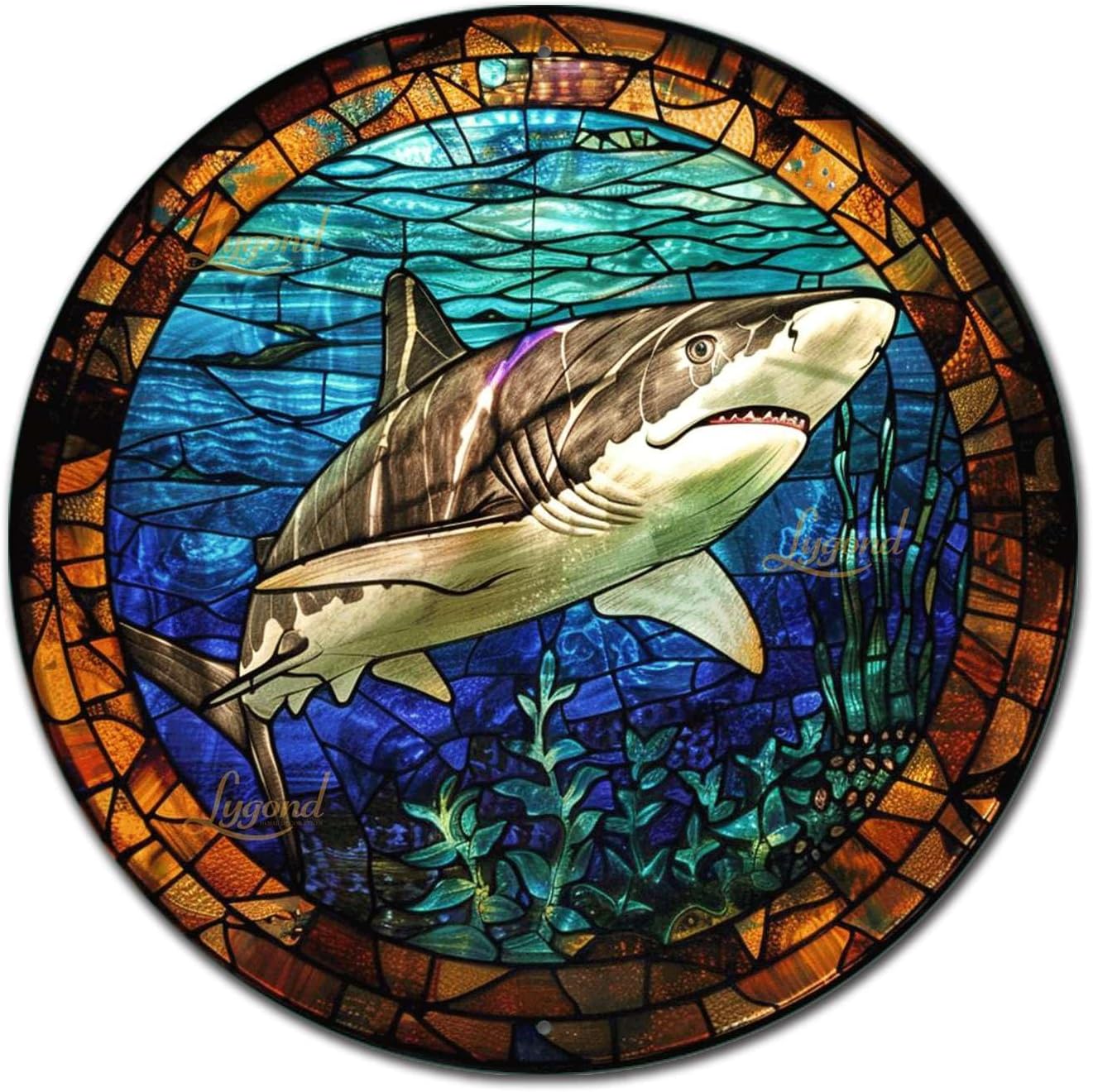 Lygond Metal Sign Tin Sign Circular Stained Glass Shark Vintage Decor For Club 12×12 Inches