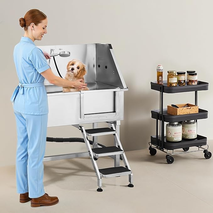 VEVOR Stainless Steel Dog Washing Station, 38 inch Pet Grooming Tub w/Storage Stairs, Faucet & Showerhead & Soap Holder Dog Bathtub for Medium & Small Pets (Right Door)