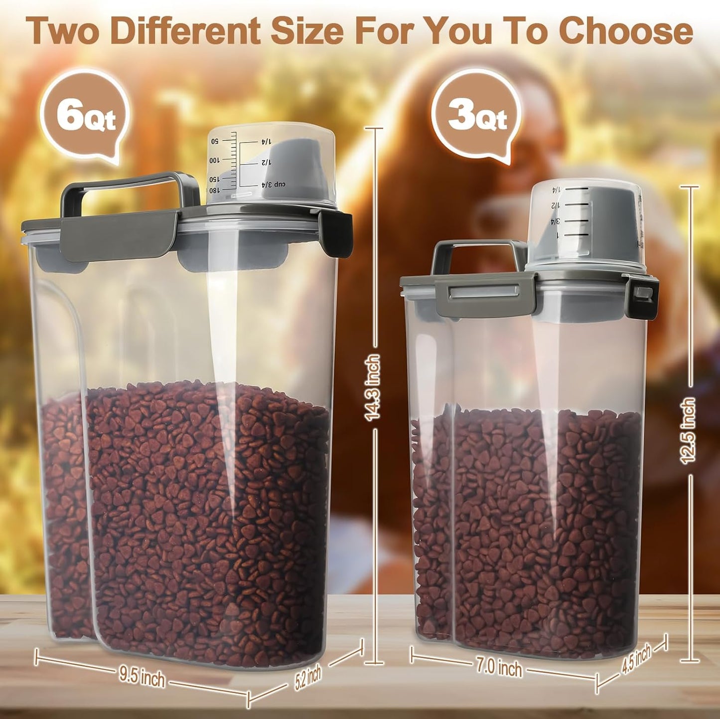 Dog Food Storage Container, 5-7 Lbs Airtight Pet Food Container, Cat Food Container Dispenser with Portable Handle, Pouring Spout and 4 Seal Buckles for Dogs Cats 2 Pack Grey