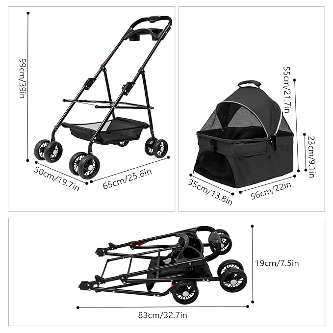 Pet Stroller, 4 Wheels Dog Cat Carrying Cart, Foldable Puppy Carrier with Storage Bag and Detachable Grid Structure for Small/Medium Dogs Cats Up to 44Lbs (Black)