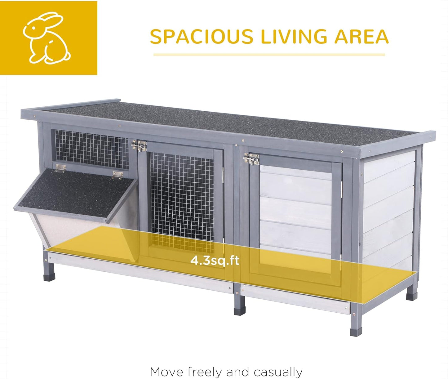 PawHut Wooden Rabbit Hutch Bunny Hutch Cage Guinea Pig with Waterproof Roof, No Leak Tray and Feeding Trough, Indoor/Outdoor, Gray