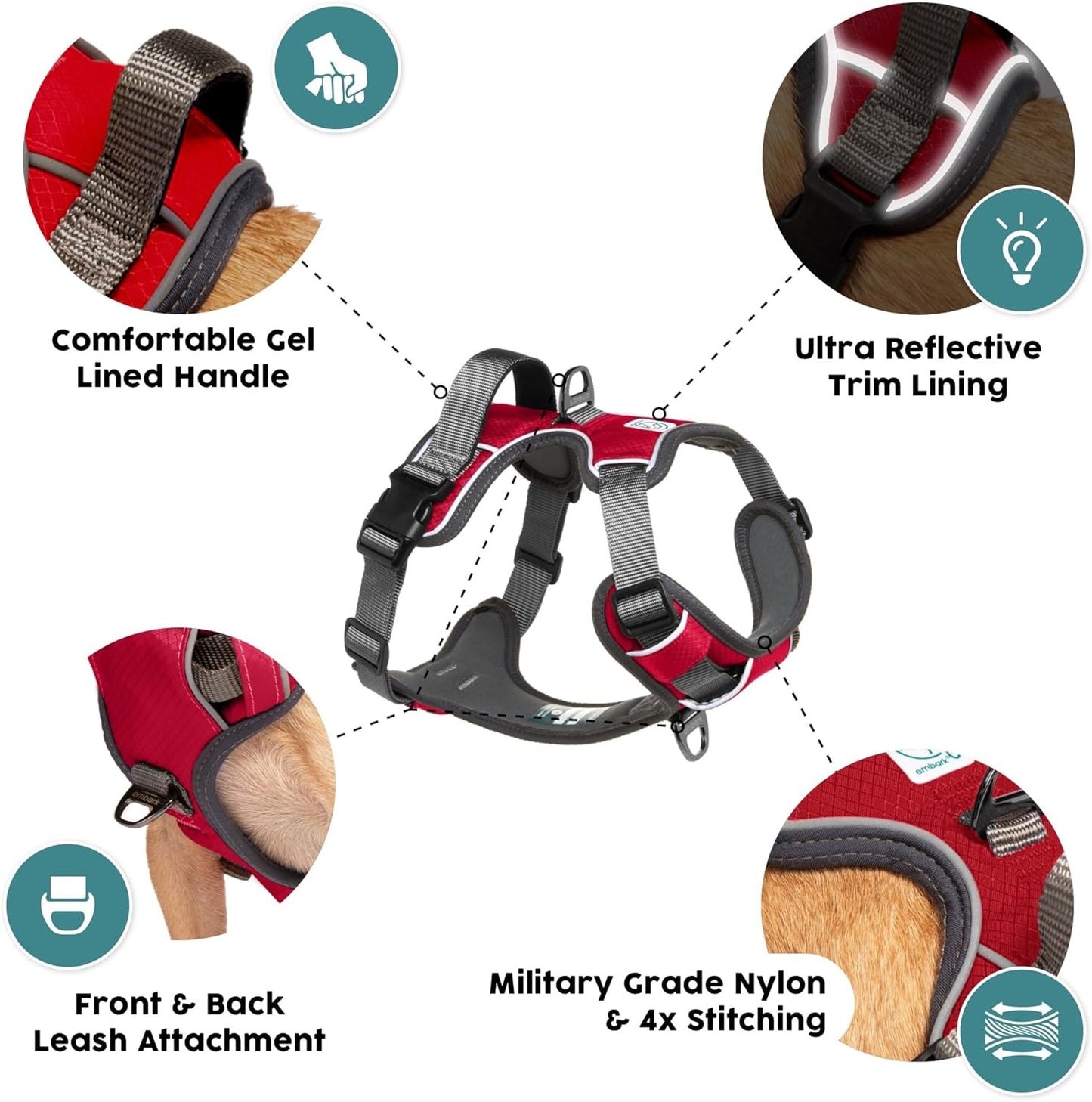 Embark Adventure Dog Harness, Reflective Trim No Pull Dog Harnesses for Small Sized Dogs - Military Grade Nylon, Front Clip with Gel Lined Handle.