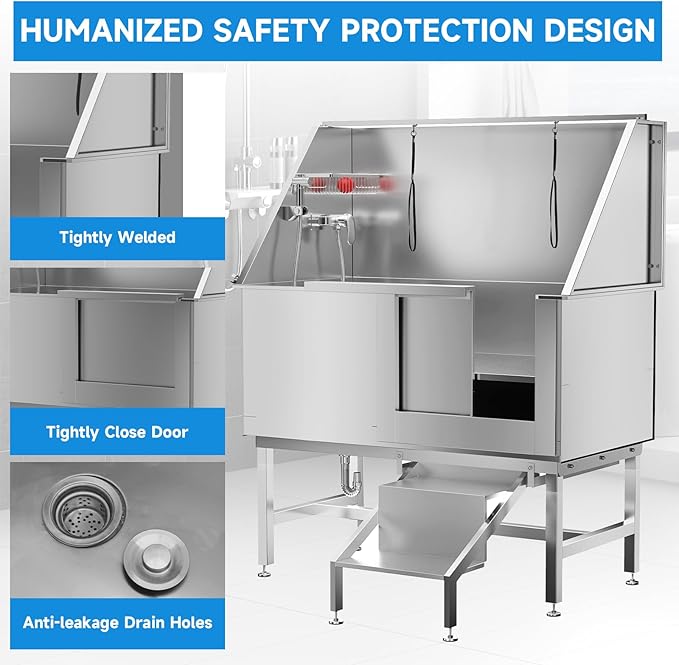 Dog Washing Station 50" Dog Grooming Tub with Right Stair& Faucet, Stainless Steel Dog Bathing Station for Home,Dog Bathtub for Large,Medium,Small Pets