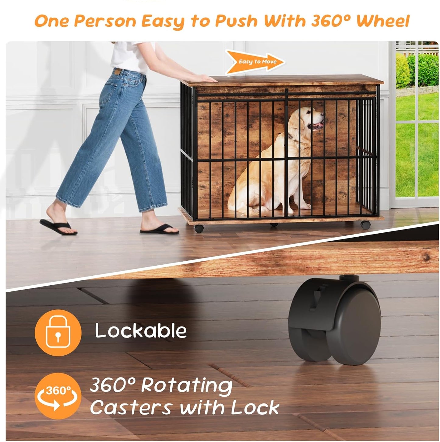 43.7" Dog Crate Furniture, XL Dog Crate Dog Kennel Indoor with Wheels for Large Medium Small Dogs, Wooden Dog Kennel End Table with Sliding Door Wooden Furniture Crates for Living Room, Bedroom