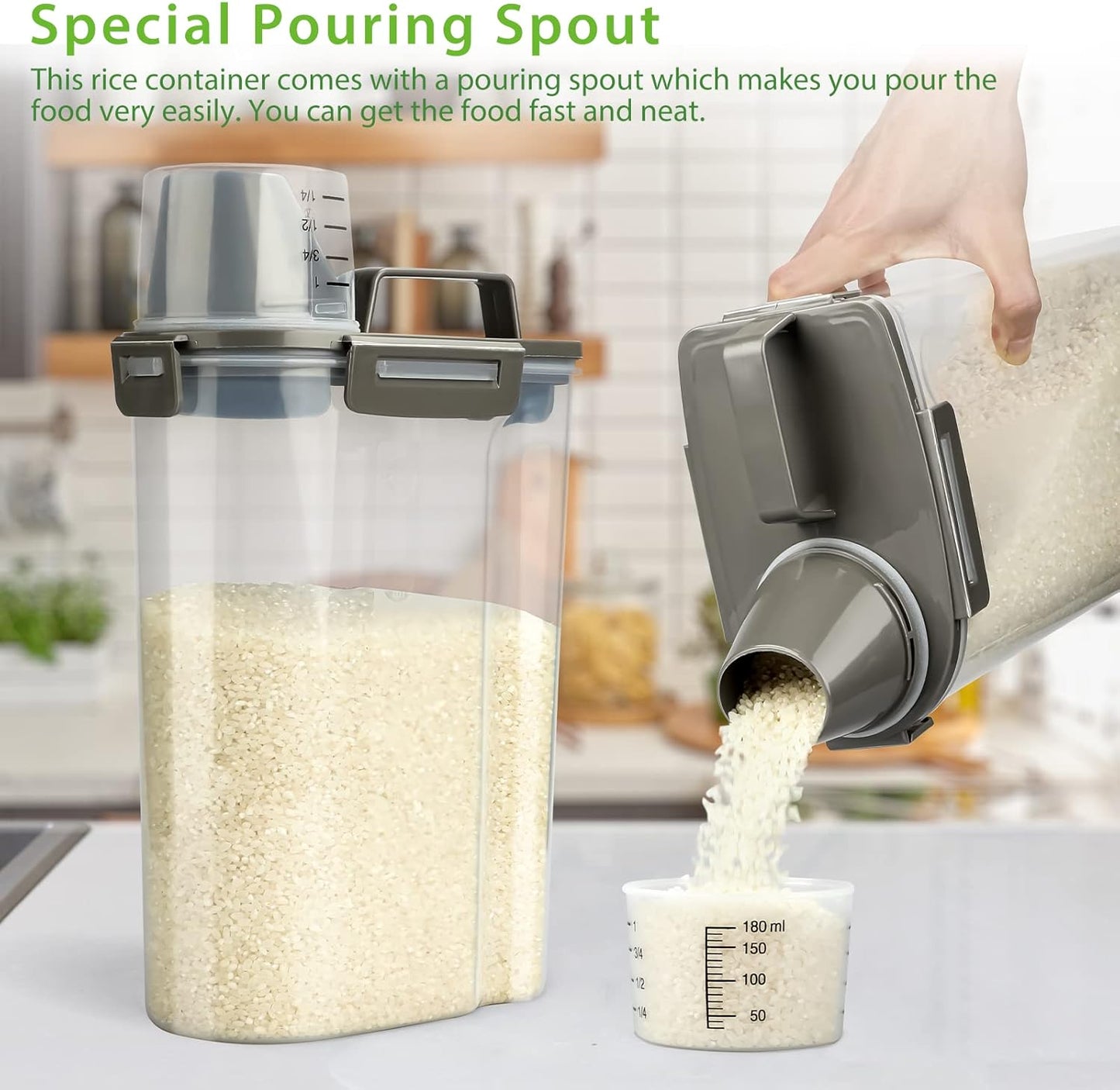 Rice Airtight Storage Container, 3 to 5Lbs Cereal Dry Food Flour Bin, Pet Dog Cat Food Dispenser with Measuring Cup, BPA Free Clear Plastic Kitchen and Pantry Organization Bin for Sugar