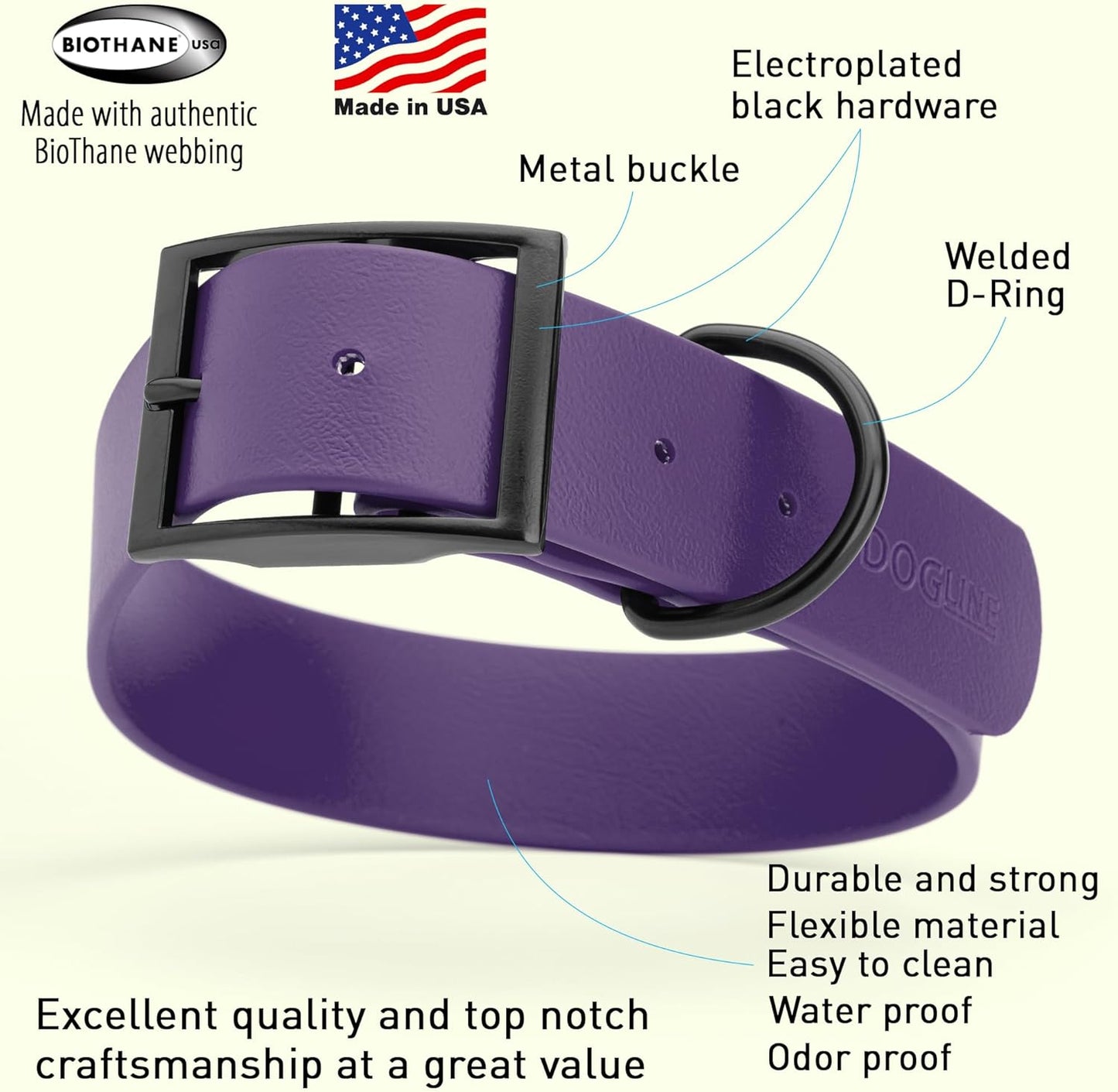 Dogline Biothane Waterproof Dog Collar Strong Coated Nylon Webbing with Black Hardware Odor- Proof for Easy Care Easy to Clean High Performance Fits Small Medium or Large Dogs, Violet Purple
