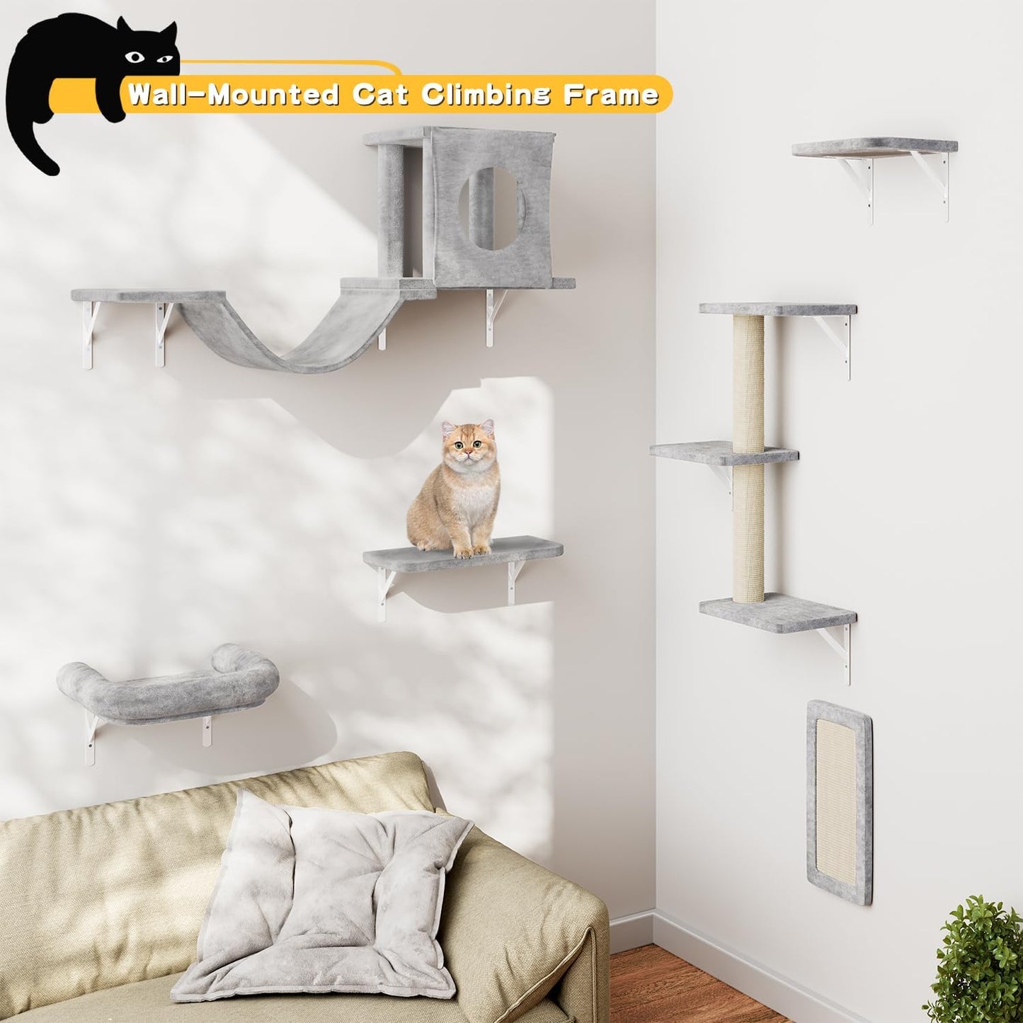 NUNU LAB Wall Mounted Cat Furniture, 6 Pcs Cat Wall Shelves with Condo House, Bridge, Steps, Scratcher, Hammock, Indoor Safe & Stable Furniture for Kittens Play, Gray