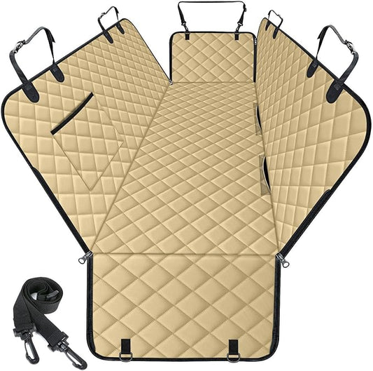 Waterproof Dog Car Seat Cover for Back Seat - Durable, Scratch Proof Pet Hammock with Nonslip Design & Storage Pockets, Fits Cars, SUVs, Trucks - L, Khaki/Black