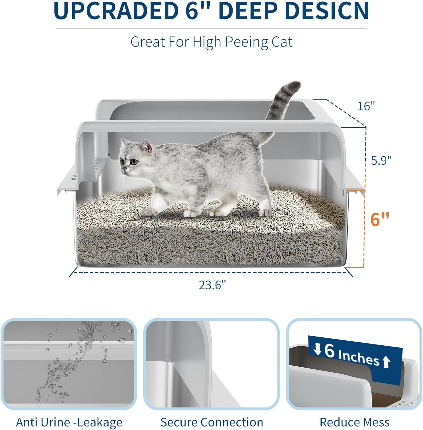 Stainless Steel Cat Litter Box 6 inch, XXL Large Cat Litter Tray with High Side, Platform Step and Scoop for Big Cats Multiple Cats, Easy Clean