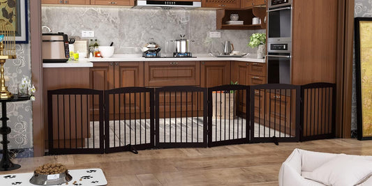 Freestanding Pet Gate for Dogs, Foldable Wooden Dog Gate for House, Extra Wide Indoor Pet Barrier for Stair, Doorway, Hall, Support Feet Included, 120 Inch Wide, 6 Panels 24", Brown