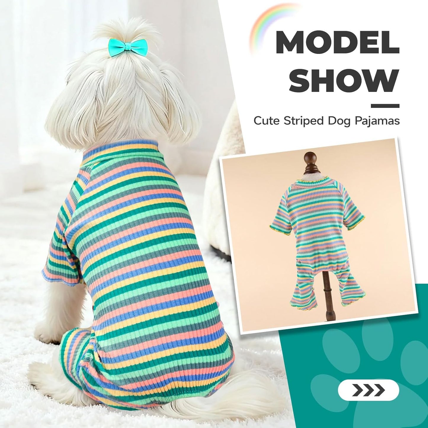 BAEJMJK Striped Dog Pajamas Stretchy Cute Four-Legged Boy Girl Dog Clothes with Sleeves Comfortable Dogs Jumpsuit Colorful Pet Puppy Outfits Apparel for Small Medium Dogs Cats(Green,Small)