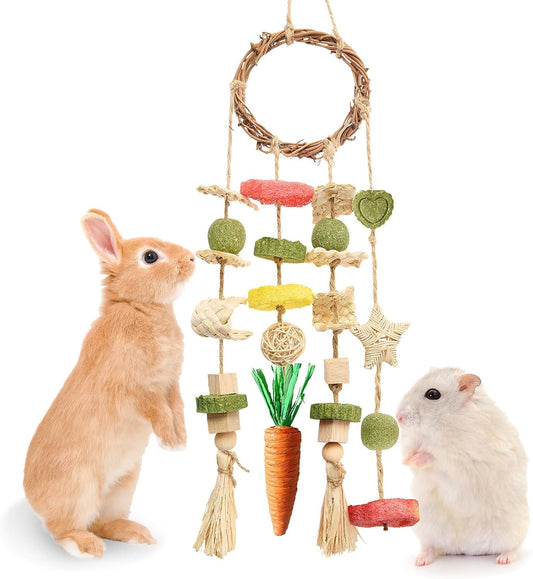 Rabbit Chew Toys Bunny Cage Hanging Toy and Treats Rattan Ring with Snacks for Rodent Pets Teeth Healthy