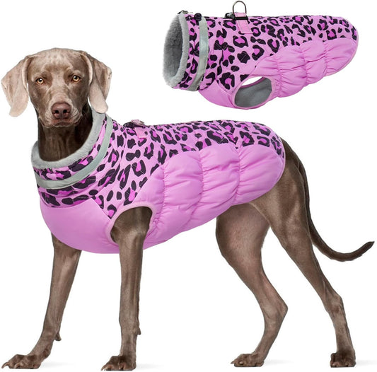 FUAMEY Dog Coat for Large Dogs,Waterproof Dog Winter Jacket with Harness Built in Puppy Cold Weather Coats Reflective Pet Vest with Zipper Warm Fleece Dogs Snowsuit Windproof Pink Leopard XL
