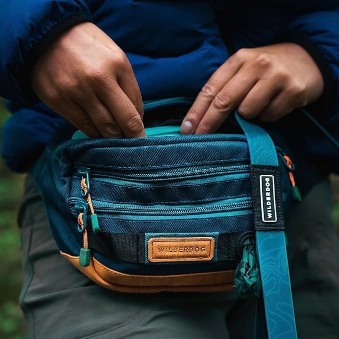 Wilderdog Utility Fanny Pack stores Treats, Balls, Keys in 3 Pockets with adjustable strap and Poop Bag dispenser (Pacific Blue)