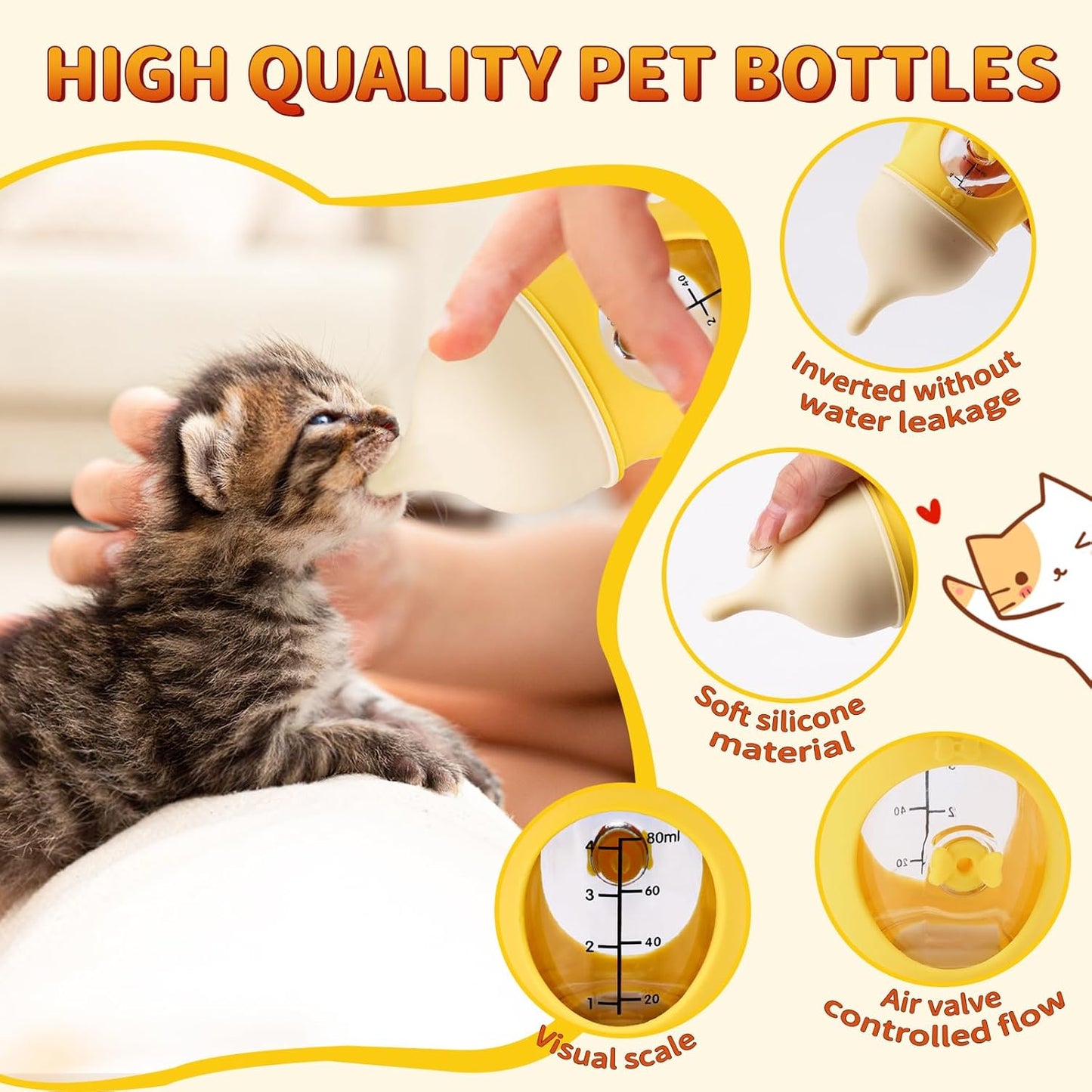 Kitten Bottle Feeding Kit for Nursing, Silicone Nipple Anti-Choking Puppy Bottle, YITOBA Small Clear Scale Puppy Feeder for Nursing Newborn Cats Dogs Pets (80ml)