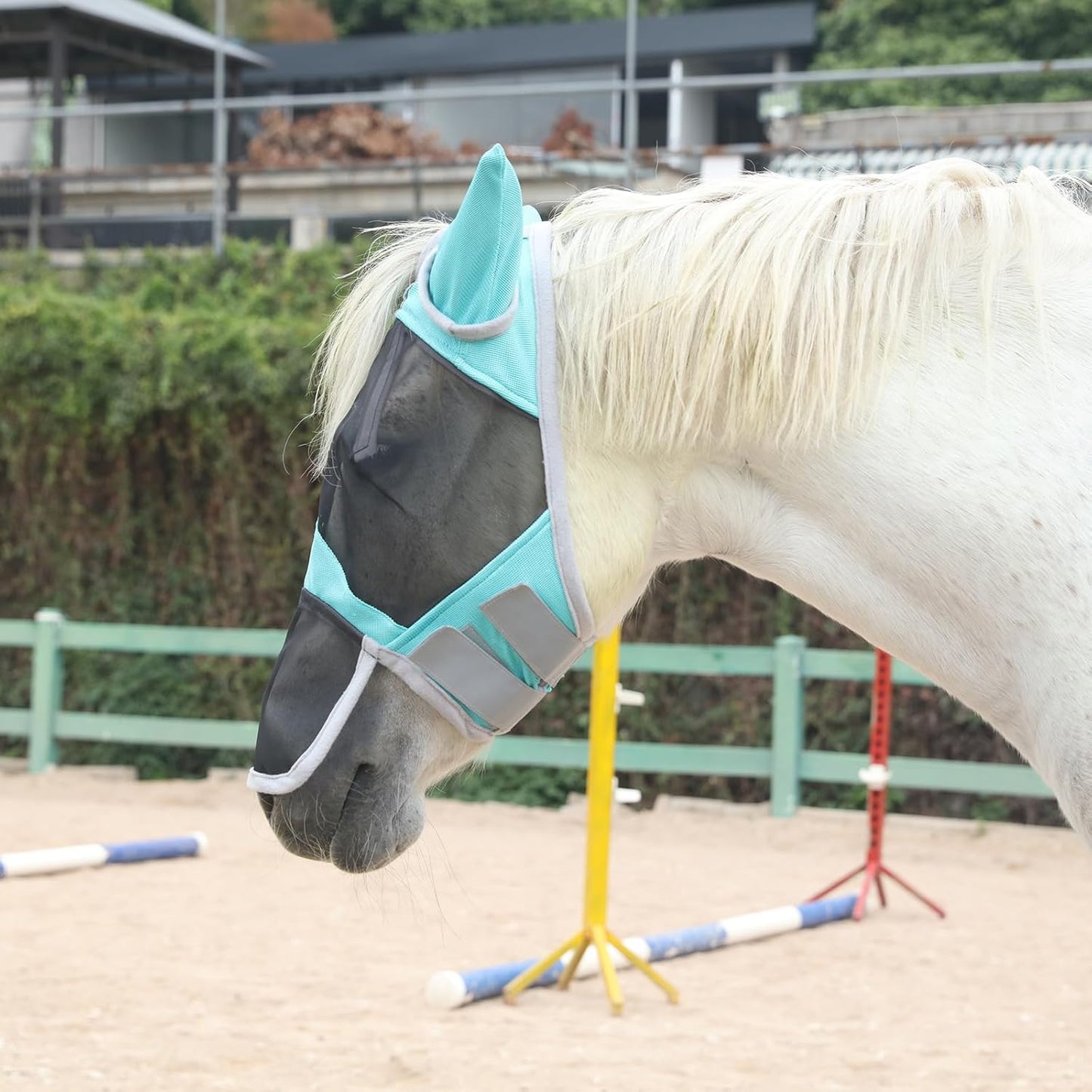 Horse Fly Mask with Ears & Long Nose Cover | Forelock Opening for Tangle-Free Mane Care | UV Protection & Breathable Mesh | No Rub Fit and Enhanced Visbility for Trail Riding Turquoise Pony