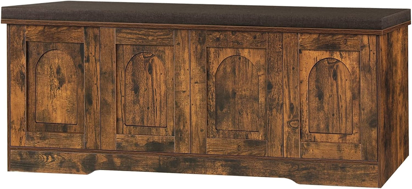 DINZI LVJ Shoe Bench, Entryway Storage Bench with Doors, Cushion, 2-Tier Shoe Rack with 8-Cubby, 47.2”L x 13.8”W Shoe Organizer Cabinet, Adjustable Shelf, Living Room, Bedroom, Rustic Brown