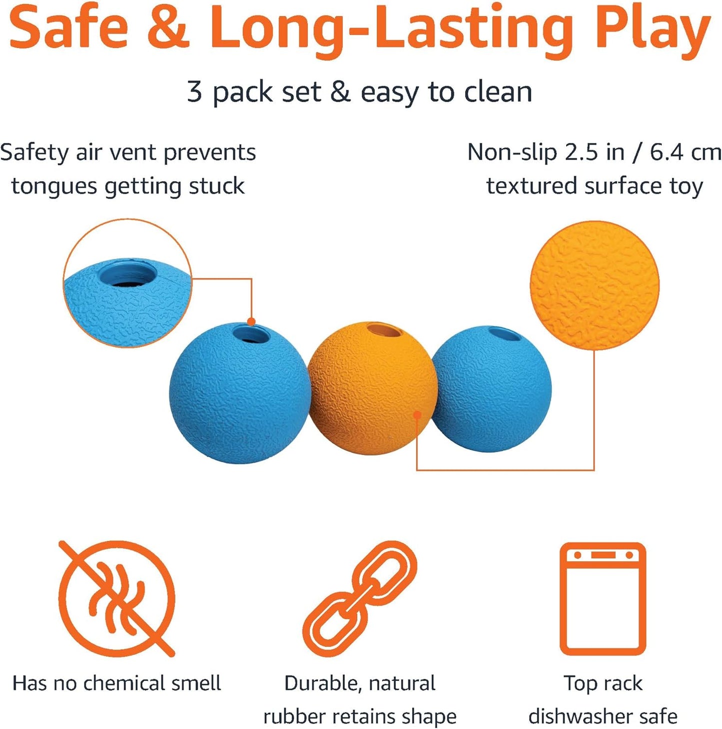 Amazon Basics Dog Toys, Interactive Fetch Rubber Balls, (Pack of 3), 2.5 inch, Blue, Orange