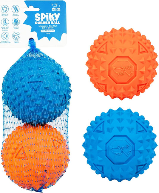 Best Pet Supplies Interactive Squeaky Dog Chew Toy, Ideal Dog Toys for Chewers, Small, Medium & Large Dogs, and Fetch Lovers - Spiky Ball (Blue, Orange), Large 3.5"