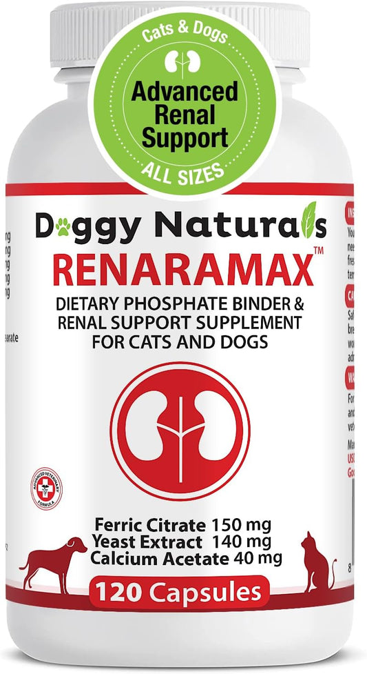 RENARAMAX Dietary Phosphate Binder and Renal Support Supplement for Cats and Dogs Count (Made in U.S.A) (120 Caps)