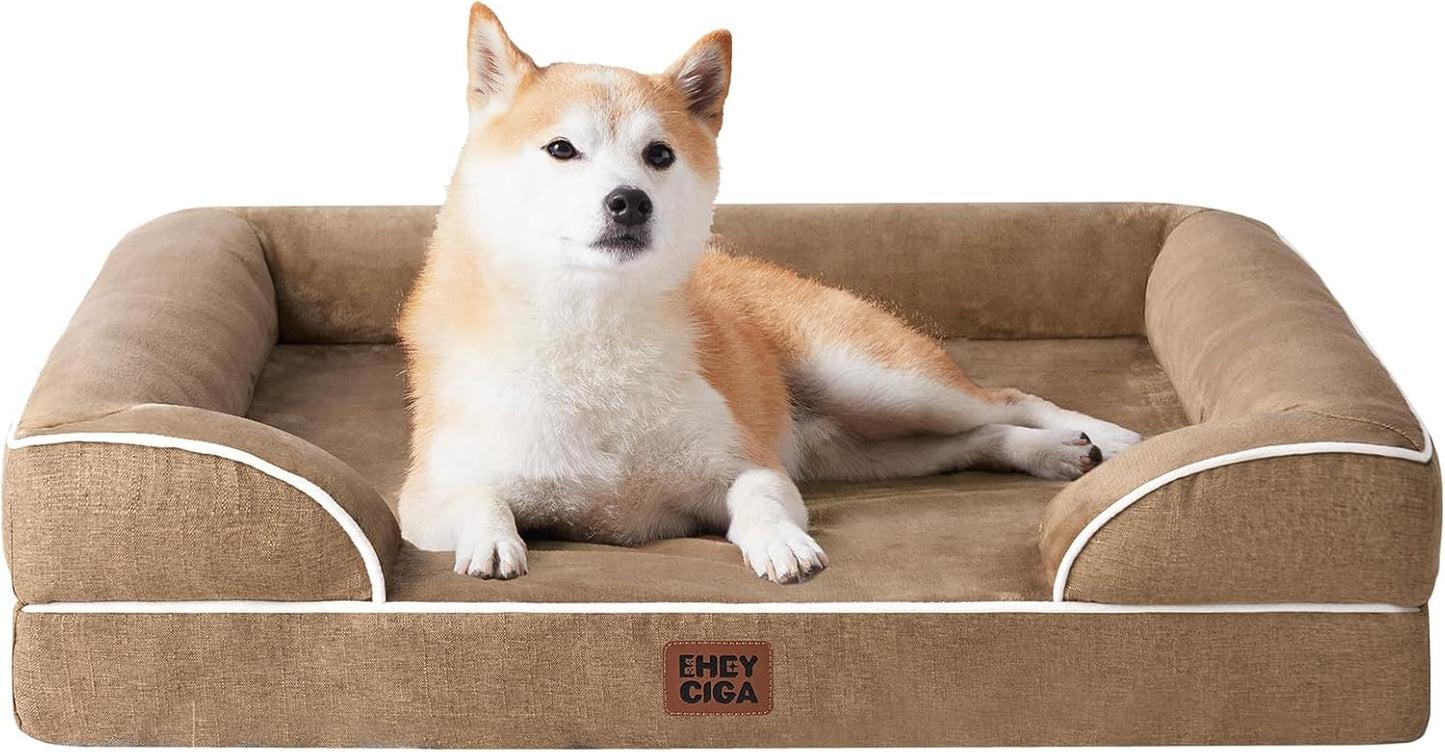 EHEYCIGA Orthopedic Dog Beds for Large Dogs, Waterproof Memory Foam Large Dog Bed with Sides, Non-Slip Bottom and Egg-Crate Foam Pet Couch Bed with Washable Removable Cover, Camel