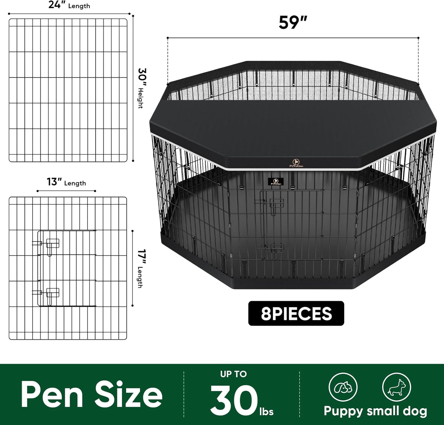PJYuCien Dog Playpen, 8 Panels 30’’H Dog Pens Indoor with Bottom Pad and Top Cover, Metal Foldable Pet Puppy Exercise Fence Crate Kennel, Better for Small Animals,Black