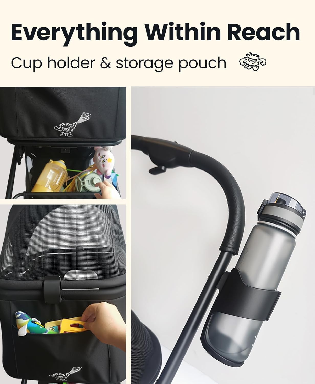 4 Wheels Pet Stroller, Dog Stroller for Small/Medium Dogs and Cats up to 33 lbs, One-Click Fold & Draggable, Removable Carrier, Zipperless Entry, Mesh Windows, Black