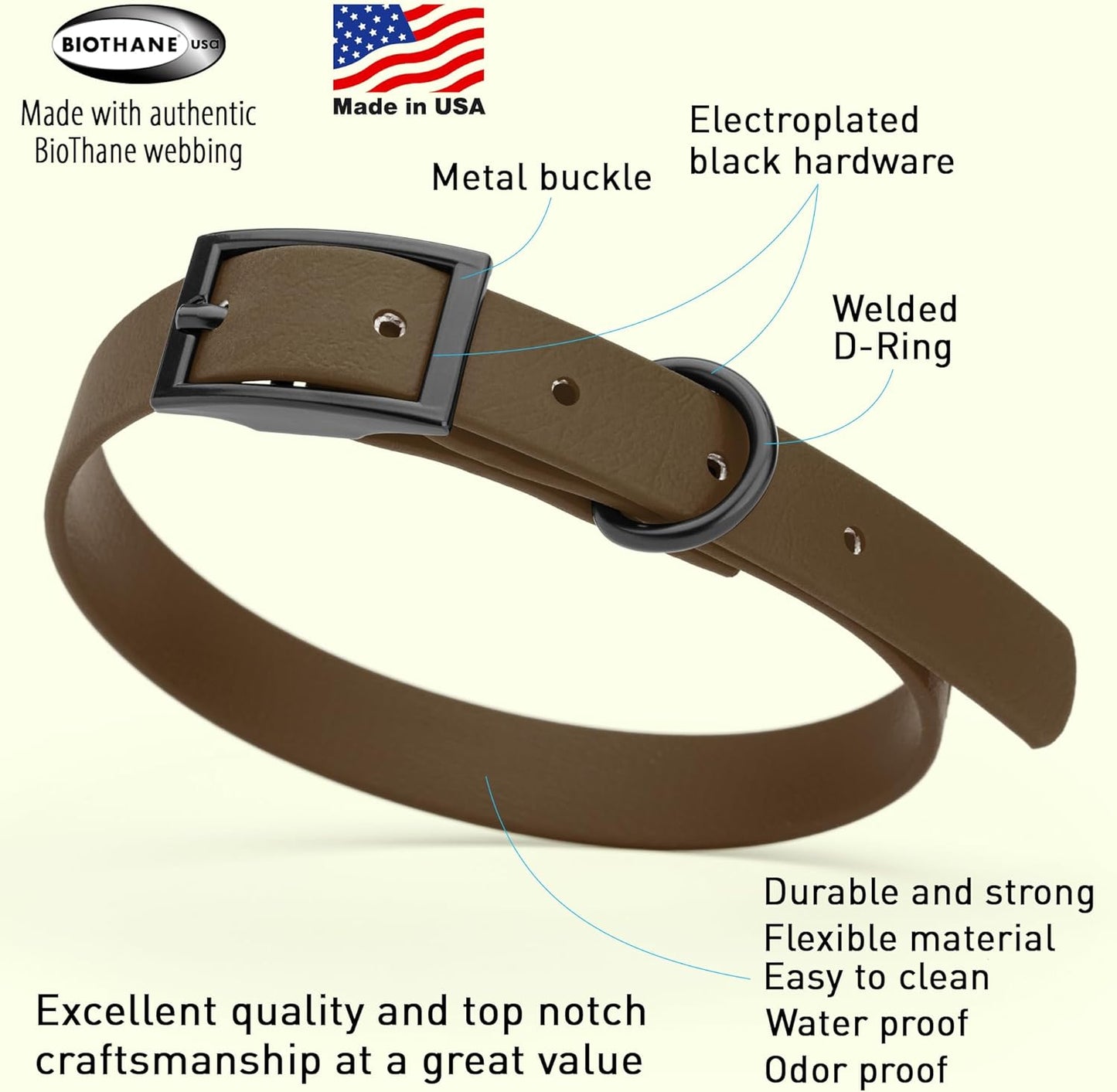Dogline Biothane Waterproof Dog Collar Strong Coated Nylon Webbing with Black Hardware Odor- Proof for Easy Care Easy to Clean High Performance Fits Small Medium or Large Dogs, Dark Chocolate Brown