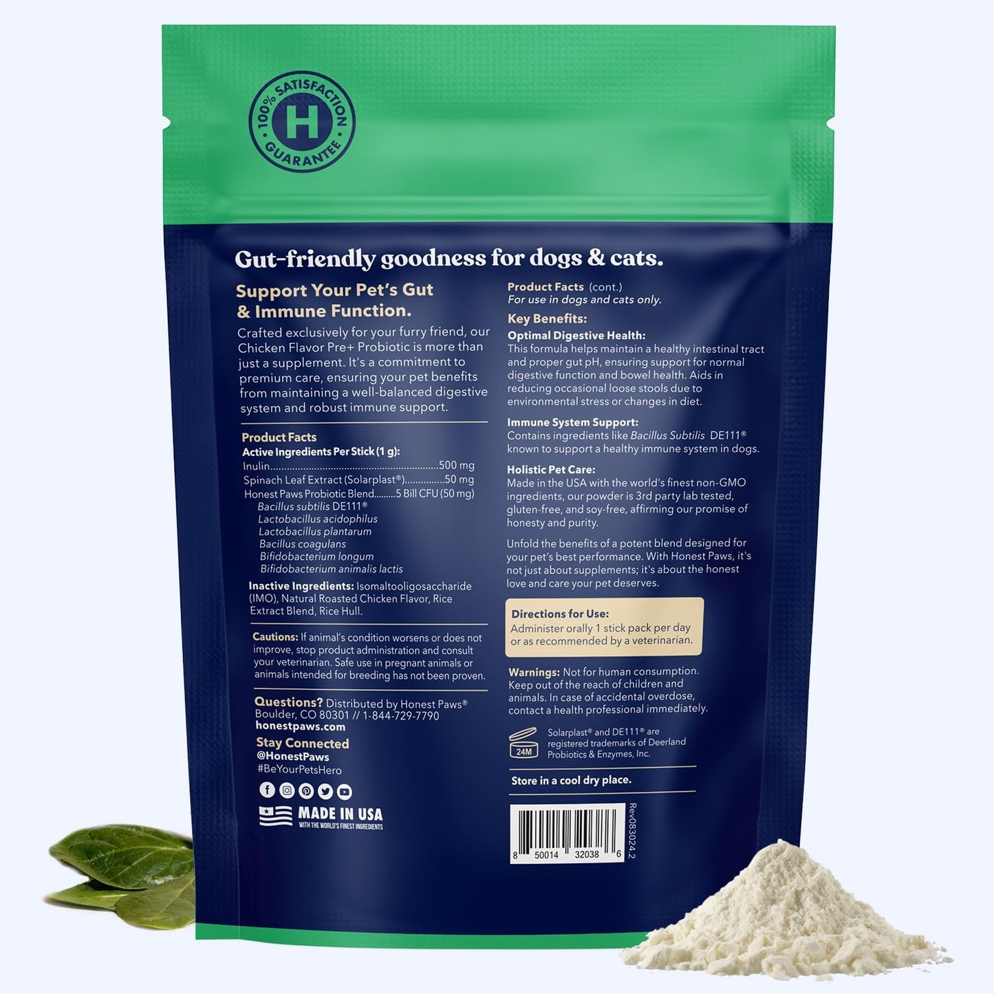 Honest Paws Probiotics for Dogs - Digestive & Immune Support Powder with Prebiotic Made in The USA, Chicken Flavor (30 Sticks)